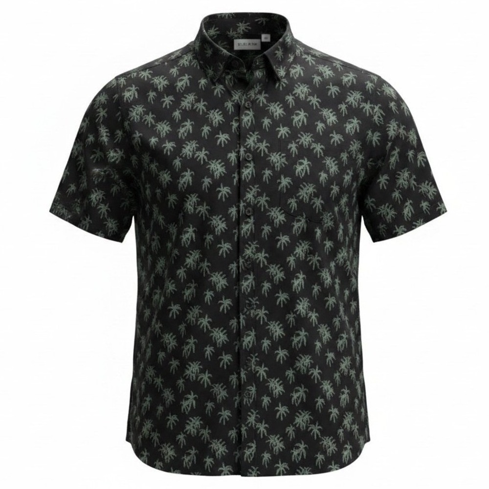 ROWM Palm Tree Shirt Mens XLT Black Hemp Blend Embroidered Short Sleeve ButtonUp